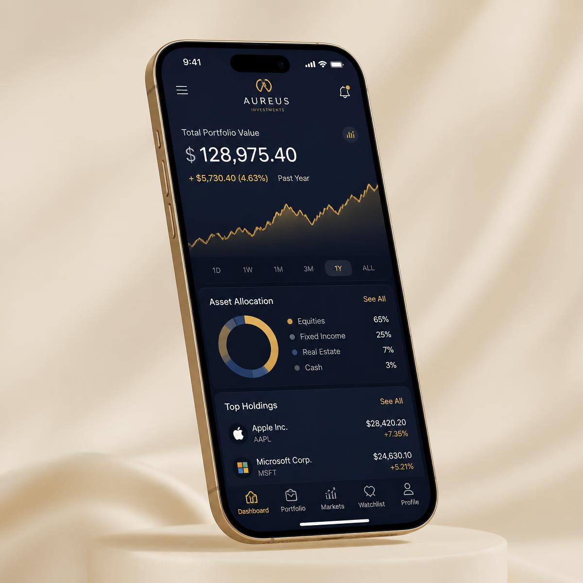 Treasure Now Investment mobile dashboard showing portfolio value and asset allocation